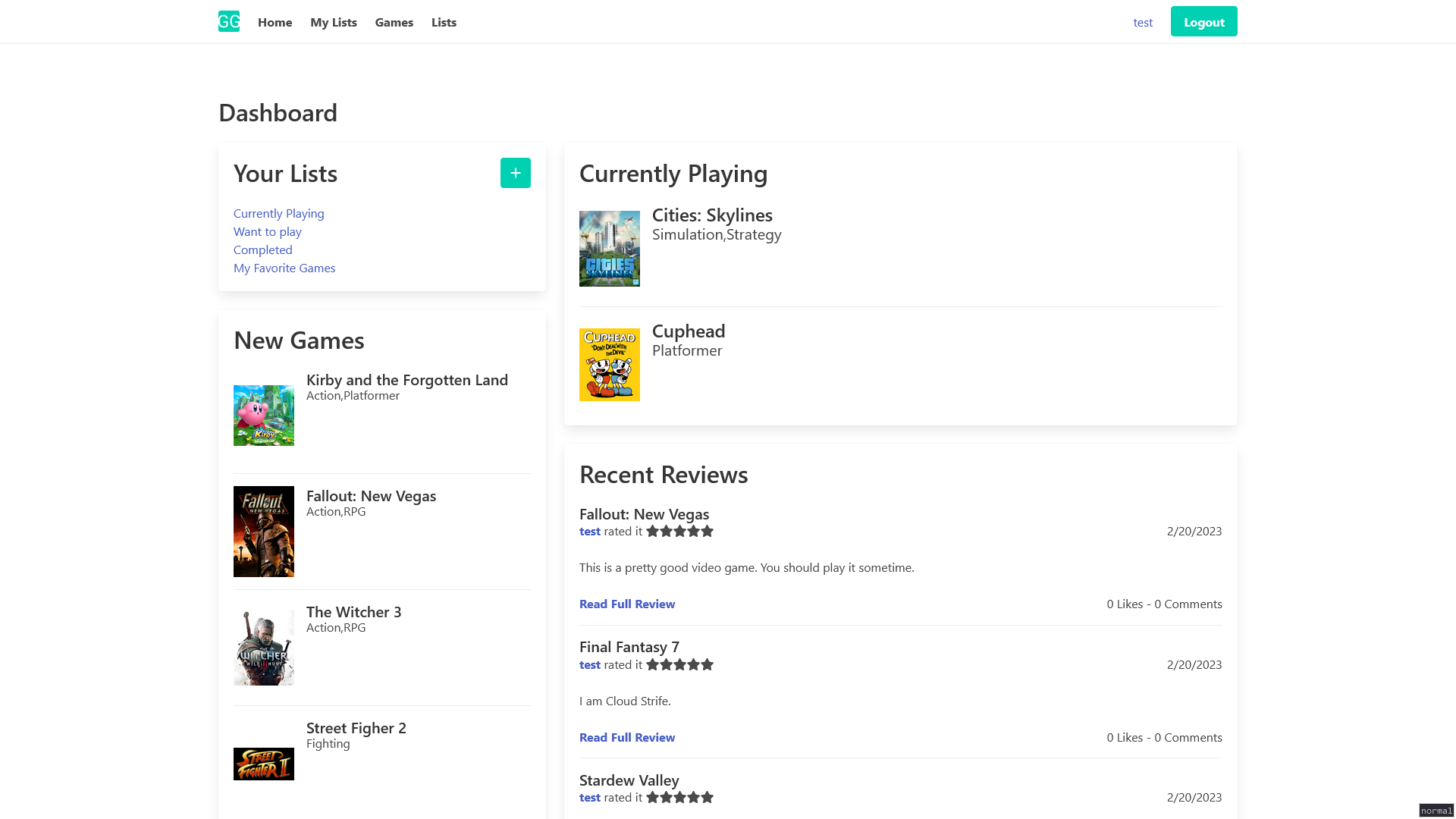 Screenshot of the Goodgames dashboard